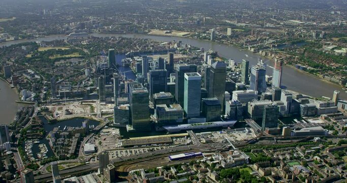 Aerial View of Canary Wharf Skyline. Londons Financial District With Its Modern Skyscrapers. River Thames. England. Uk.
