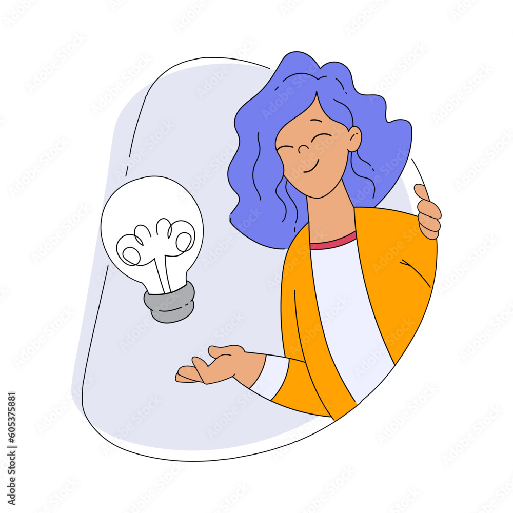 Sticker smiling woman character looking out of shape with lightbulb vector illustration