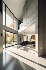 Plakat Minimalist interior design with concrete walls and floor, and with large bright windows. Generative Ai.