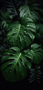 Green tropical leaves backgorund with water drops. Generative Ai