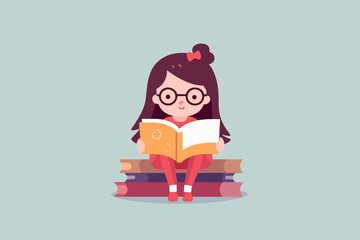 child reading a book, girl reading a book, cute girl reading a book vector illustration, cute girl studying illustration