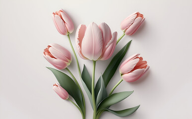 Bouquet of pink tulip tulips flower plant with leaves isolated on white background. 3D rendering. Flat lay, top view. macro	
