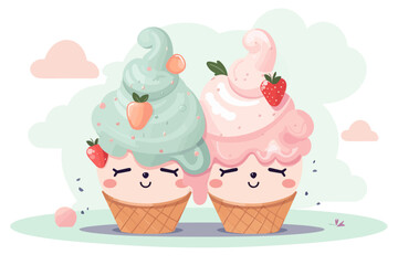 ice cream cone, cute ice cream couple illustration, cute couple in isolated