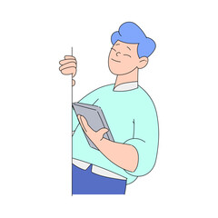 Smiling Man Character Looking Out of Corner with Tablet Vector Illustration