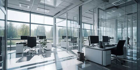 Modern office building interior with glass walls frames. Generative Ai