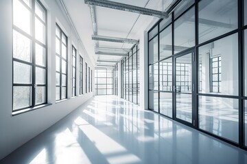Fototapeta premium Modern office building interior with glass walls frames. Generative Ai