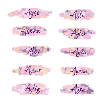 turkish girl names starting with letter A, stickers, labels, name tags, heart pattern, png file