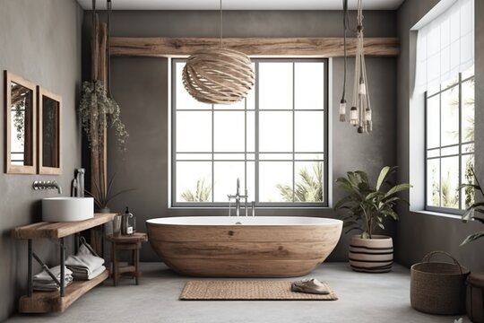 Fototapeta Beautiful bathroom , scandinavian style with floor plants and decorations. Generative Ai