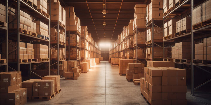 Industrial Storage Warehouse With Shelves Stacked With Boxes. Generative Ai