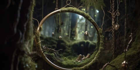 A mirror reflecting a parallel, fantasy world where everyday objects take on magical qualities and enchanting properties, concept of Alternate reality, created with Generative AI technology