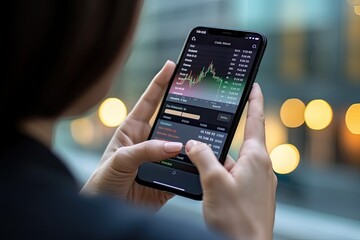 Close up hand business hold mobile phone and stock market graph on screen. Generative AI