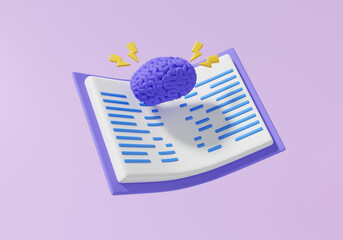 Open book human brain anatomy education anatomical model science on purple background. grow innovation creative idea, invention, creativity learning concept. 3d rendering illustration
