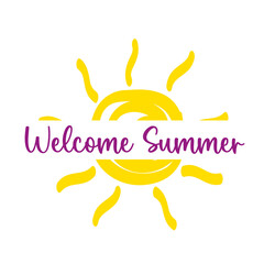 Cartel de verano con un sol y con texto sobre un fon do blanco liso y aislado. Vista de frente y de cerca. Copy space