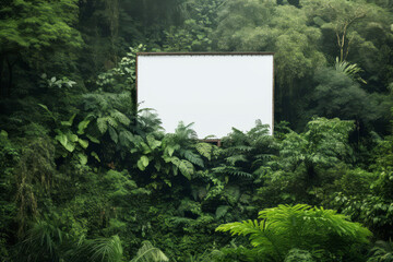 Blank white advertising billboard sign in a green forest environment. Generative ai