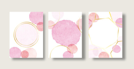 Abstract pink watercolor polka dot background. Simple greeting card with floating watercolor bubbles, gold circle frame and space for text.