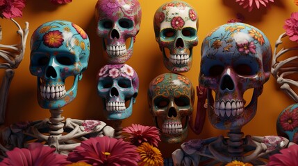 skeleton family, skulls, flowers, dusted, faded, mexican art, day of the dead, hyper detailed, intricate patterns, art deco, vibrant colors, unreal engine, generate ai