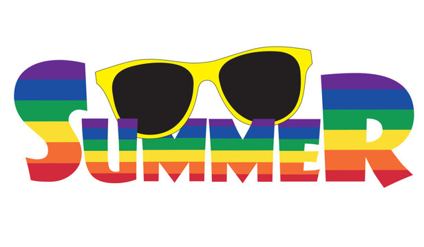 Banner de verano con texto en color arco iris y gafas de sol amarillas. Icono vector