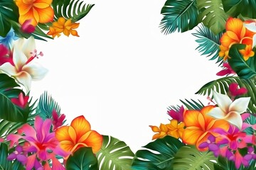 Fototapeta na wymiar Coloful tropical border frame on a white background with flowers and palm leaves and fronds
