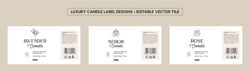 Luxury Candle Label Design Template, Minimal fragrance Candle Label Packaging Design, Lavender Candle, Rose Candle, Neroli Scented Spa Candle Label Sticker Editable vector file for printing