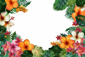 Fototapeta na wymiar Tropical background with plumeria, hibiscus, palm fronds, leaves as a frame in bright colors with empty space for text or copy