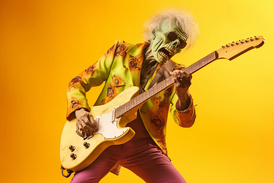 A zombie musician playing guitar. Halloween party. Generative ai