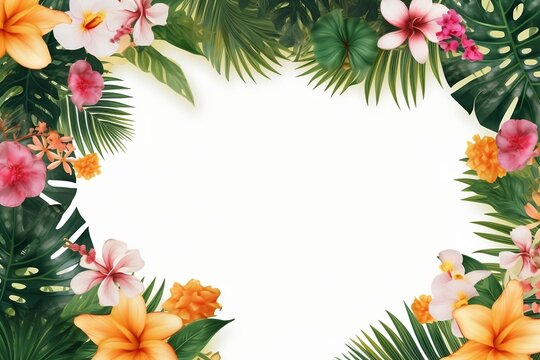 Hibiscus and plumeria frangipani tropical flower frame with palm leaves on a white background with empty space for text or copy
