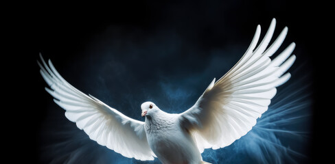 White dove in flight on black background. Generative Ai Illustration. - obrazy, fototapety, plakaty