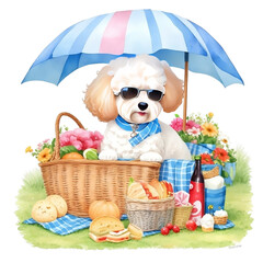 Obraz premium Watercolor illustration of cute dog in sunglasses sitting in a basket with food, AI Generative