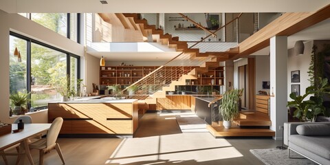 Interior of a modern, eco-friendly home with solar panels and sustainable materials, promoting green living and architecture, concept of Sustainability practices, created with Generative AI technology