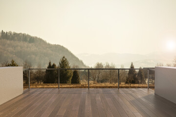 Balcony view of  mountains. Landscape. Sunny Day. Terrace with a beautiful view. Background with beautiful landscape.