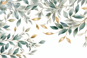 Background of green leaves and branches in watercolor design, in the style of dark white and light gold. Generative AI