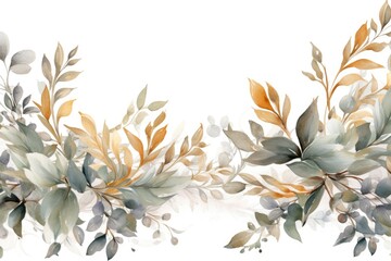 Fototapeta na wymiar Background of green leaves and branches in watercolor design, in the style of dark white and light gold. Generative AI