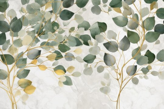 Background of green leaves and branches in watercolor design, in the style of dark white and light gold. Generative AI © Gelpi