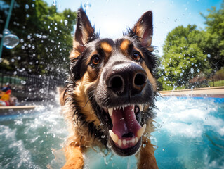 Excited german shepherd dog in pool party swimming and playing in the water - Generative AI