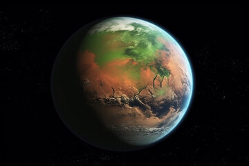 Science and sci-fi concept. Colonization planet Mars concept. Mars planet visible from space with greenery and water on surface. Humanity Mars colonization. Generative AI