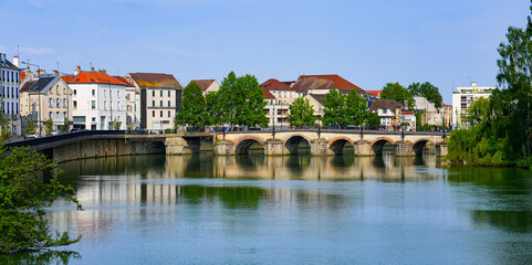 Market bridge spanning the Marne river in the city center of Meaux in Seine et Marne near Paris,...