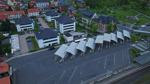 Drone shot of Wernigerode bus station ( ZOB station ) , Germany