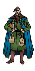 Ukrainian Cossack merchant who sells books and has money in a bag. Hand drawn color illustration with black outline. For illustrations of books, textbooks, encyclopedias, lectures