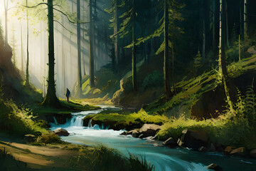 Morning in the forest. AI generated illustration
