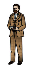 A teacher of the 19th - 20th centuries in a brown plaid suit and books in his hands. Hand drawn color illustration with black outline.
For illustrations of books, textbooks, encyclopedias, lectures