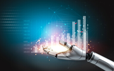 Artificial intelligence AI robot and cyborg development business intelligence dashboard Big data diagram graph virtual screen. economic analysis and investment finance and marketing.BI, EA, AI
