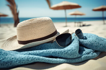 Sun hat and sunglasses on a blue beach towel with clean white sand and ocean in background. Generative AI. - 605380433