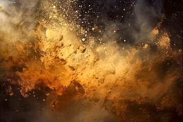Fototapeta na wymiar An abstract image of golden powder splash with a bokeh background of small reflective objects, creating a dreamy and ethereal atmosphere.