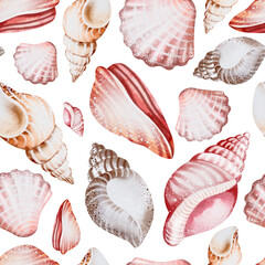Seamless watercolor sea pattern with seashells. watercolor seamless pattern. Background of ocean colored shells. for fabric, textile, children's design, scrapbooking.