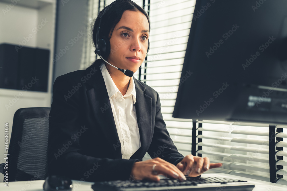 Aufkleber competent female operator working on computer and talking with clients. concept relevant to both cal