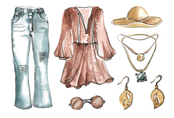 A set of clothes and accessories for a fashionable female look in boho style. Blue jeans, brown chintz dress and wide-brimmed hat, jewelry earrings and pendant. hand drawn watercolor illustration