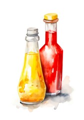 Mustard and ketchup in glass bottles on white background in watercolor style. Generative AI.