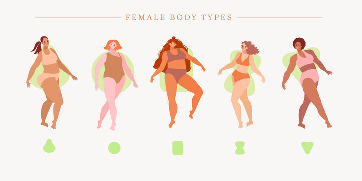 Set of full female body types circle, triangle, pear, hourglass and rectangle. Different women in swimsuits demonstrate different body shapes. 