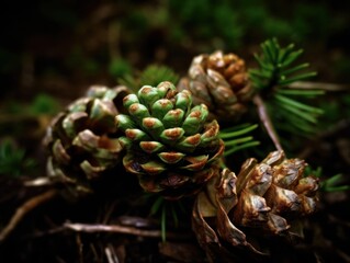 Pine cones in the forest. Selective focus. Created with Generative AI technology.