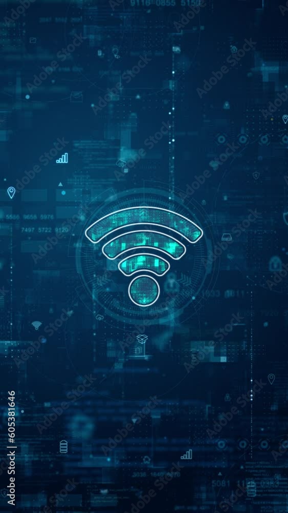 Poster Motion graphic of Blue digital WIFI logo and futuristic circle HUD with big data processed on grid line background and technology ai icon screen abstract background wireless connection concepts